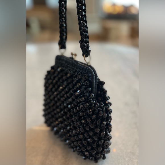 Retro Vintage Small Delia Black Beaded Frame Satchel Purse Hand Made In Italy - Picture 4 of 11